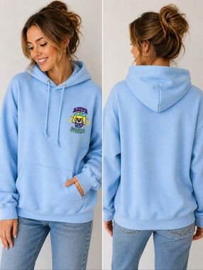 Anita Max Wynn Graphic Hoodie Light Blue Embroidered Cartoon Pullover Size L